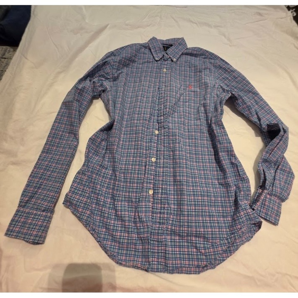 Ralph Lauren Custom Fit Plaid Button Down Shirt Blue Pink Green Mens Medium